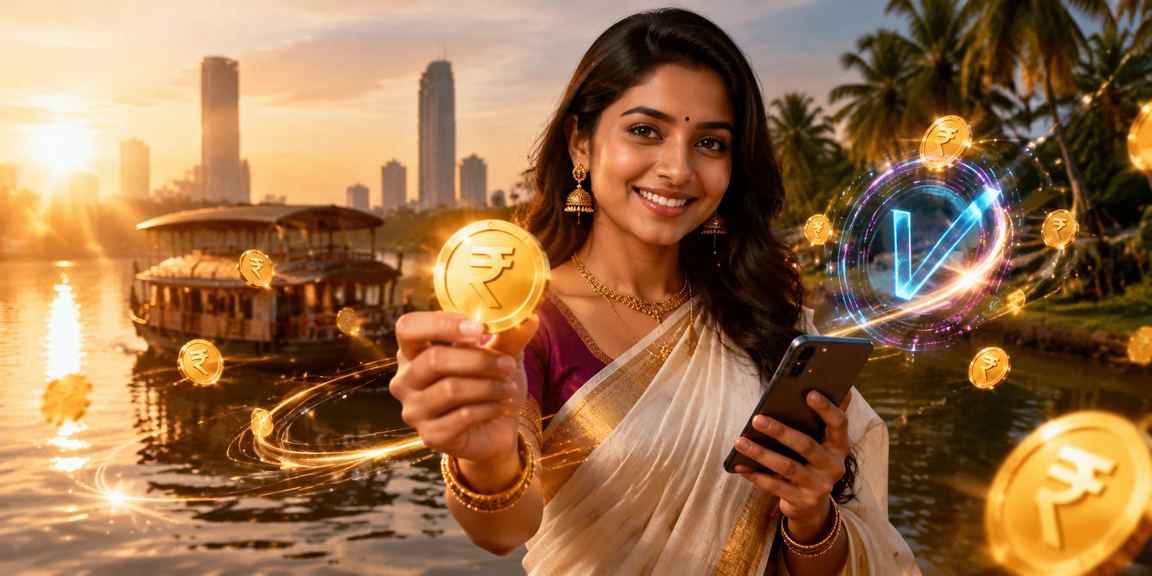 Peaceful Kerala backwaters with symbolic rupee deposit concept